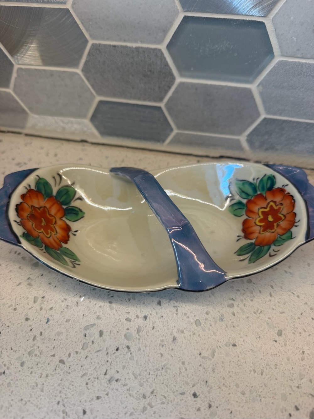 Vintage 1930s Japanese Trinket Dish Cream, Blue and Orange Porcelain. Stamped